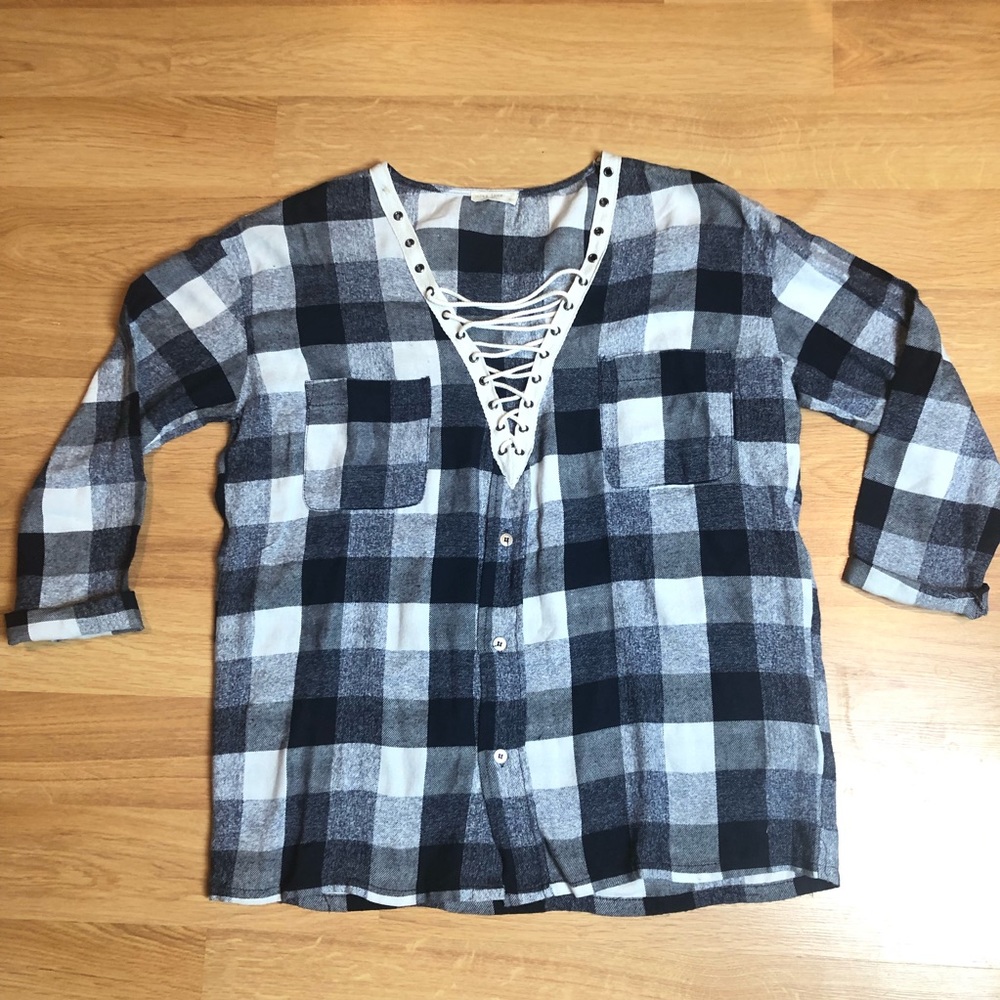 MISS LOVE boho rope neckline plaid shirt blouse M - Picture 6 of 15